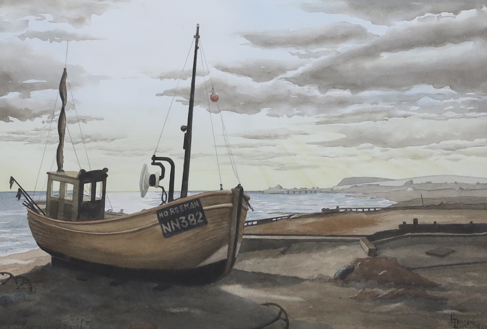 L Deacon, watercolour, 'Northman fishing boat on Eastbourne beach', signed and dated 1988, 28 x 40cm
